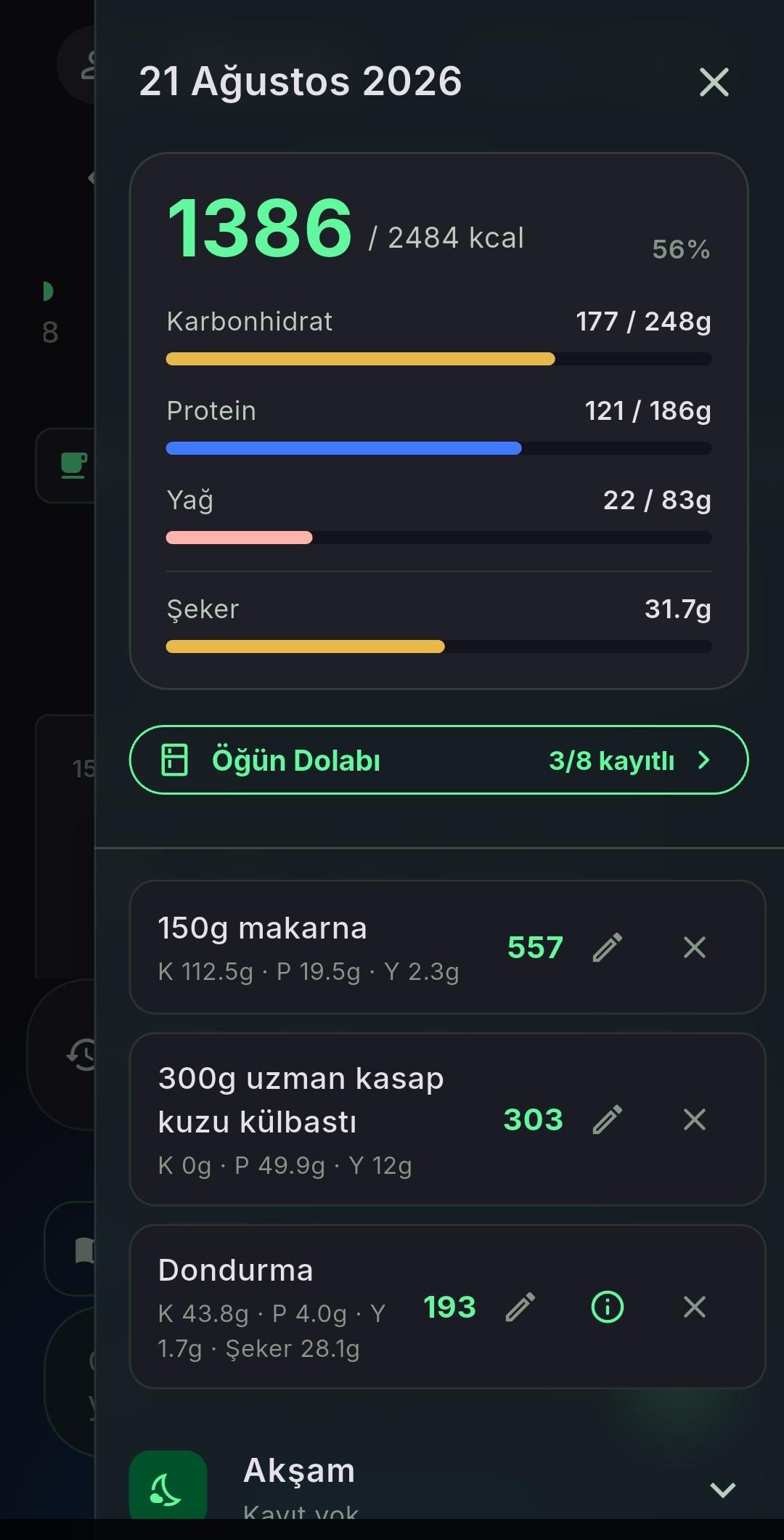 MilonApp günlük kalori, karbonhidrat, protein ve yağ özeti
