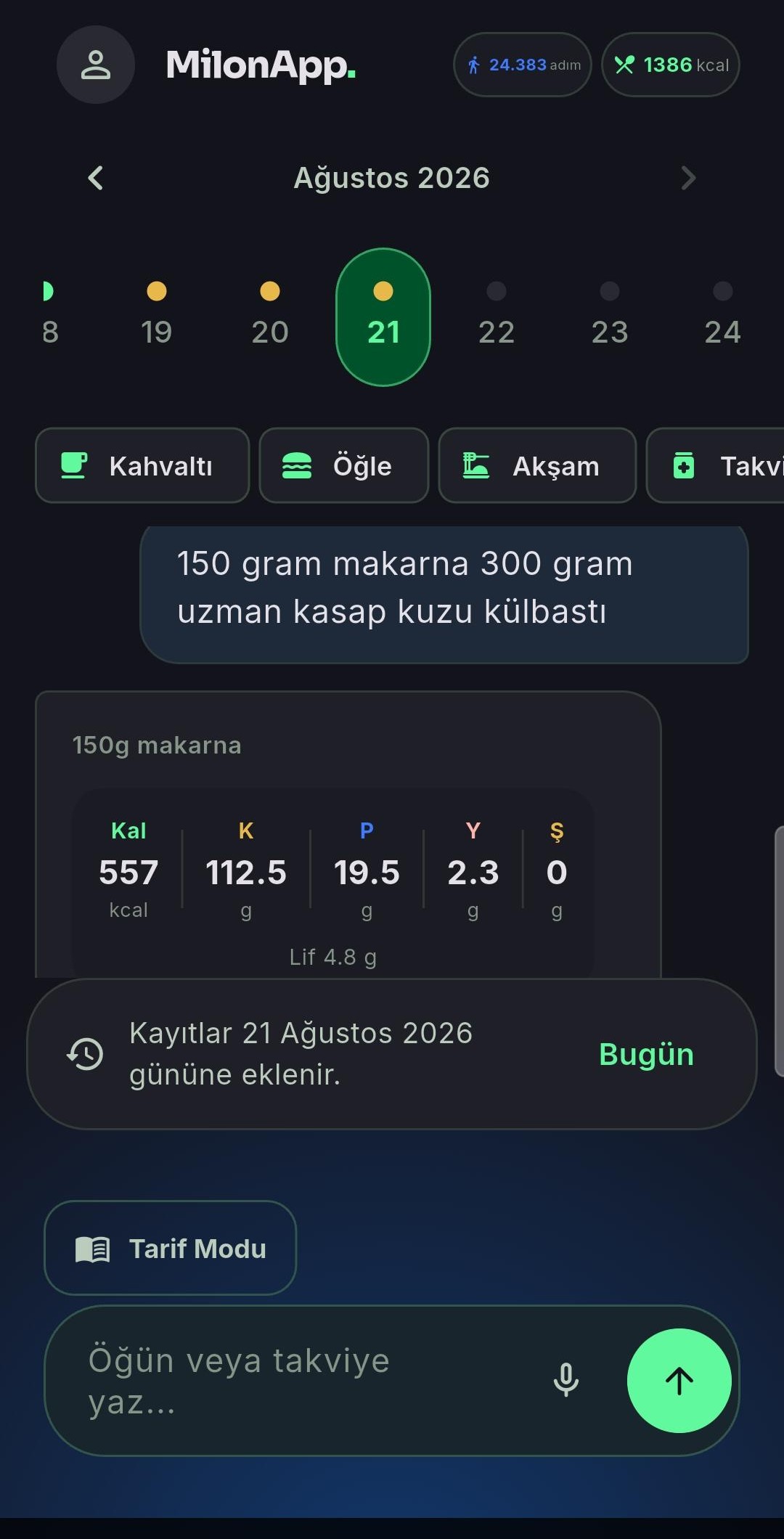 MilonApp öğün detaylarında ürün ve yaklaşık kalori değerleri